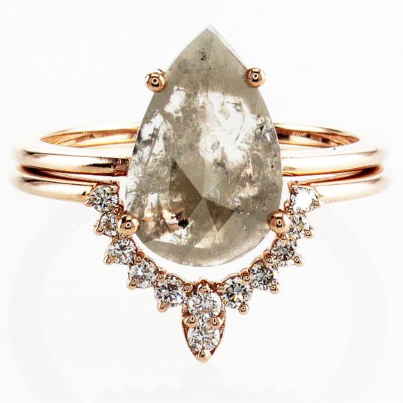 Pear Shape Diamond Crown Engagement Ring Set Fancy Gray 1.95 TCW 14K Rose Gold - Picture 3 of 7